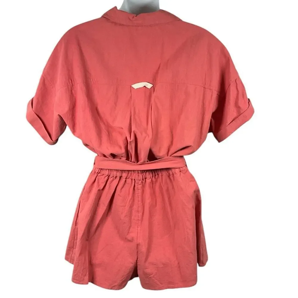 Free People Romper Coral Size XS Button Down Short Sleeve Belted Sinched Waist